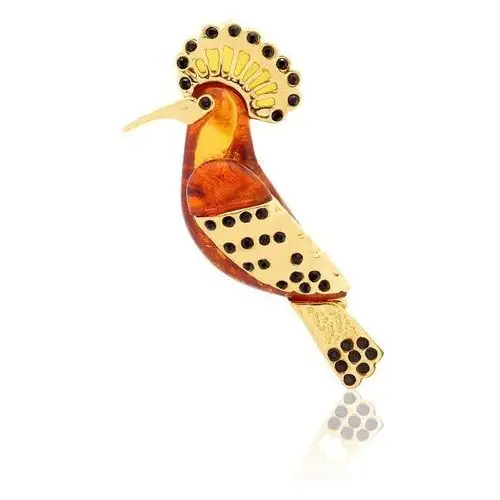Broszka srebrna pozłacana ptak dudek z bursztynem mini Hoopoe, kolor pomarańczowy