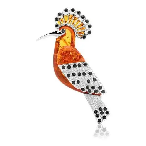 Broszka srebrna ptak dudek z bursztynem Hoopoe, kolor pomarańczowy