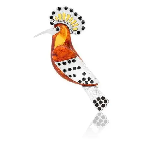 Broszka srebrna ptak dudek z bursztynem mini Hoopoe, kolor pomarańczowy