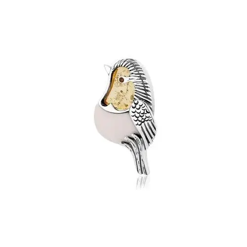 Broszka srebrna ptak rudzik z bursztynem robin Lawaiia