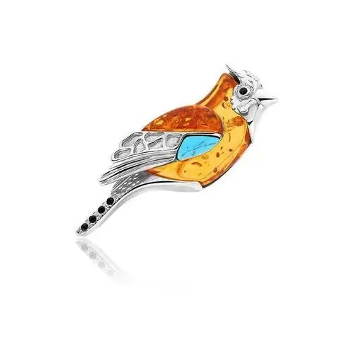 Broszka srebrna ptak sójka z bursztynem Jaybird