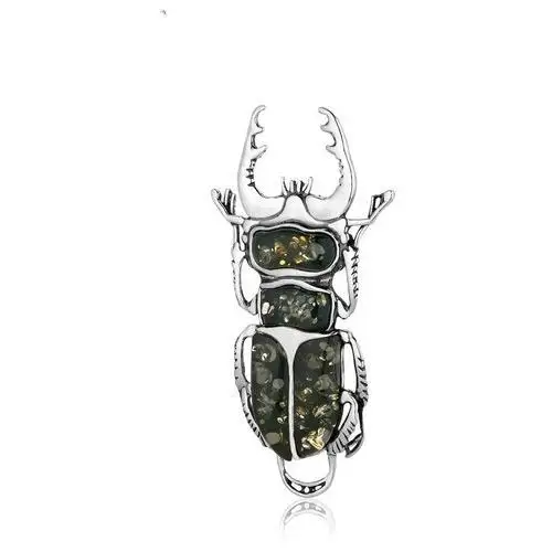 Broszka srebrna żuk jelonek z zielonym bursztynem Lawaiia