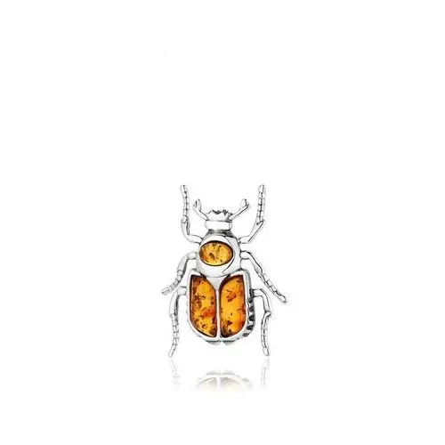 Broszka srebrna żuk z koniakowym bursztynem Beetle