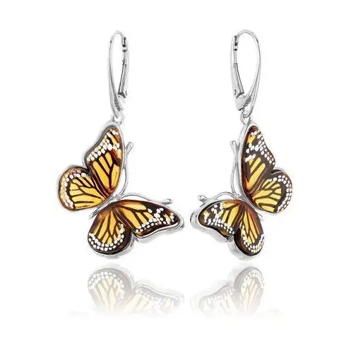 Kolczyki srebrne motyle z bursztynem bałtyckim Butterfly Monarch, kolor pomarańczowy