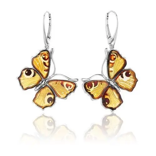 Kolczyki srebrne motyle z bursztynem Big Butterfly Love, kolor pomarańczowy