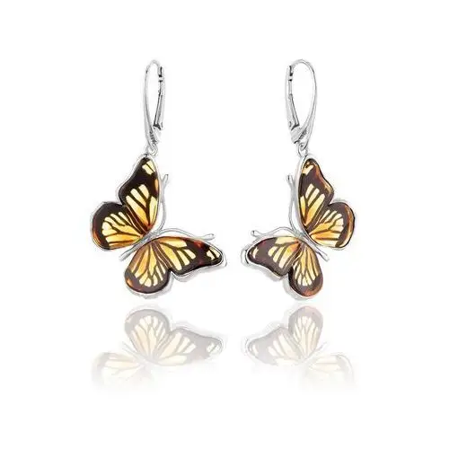 Kolczyki srebrne motyle z bursztynem Butterfly Monarch, kolor pomarańczowy