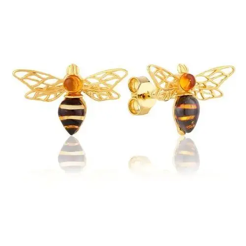 Kolczyki srebrne pozłacane pszczoły z bursztynem Bumblebees II, kolor pomarańczowy