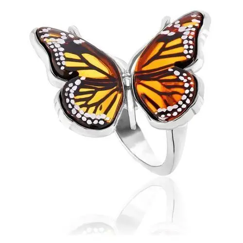 Pierścionek srebrny motyl z bursztynem bałtyckim butterfly monarch Lawaiia