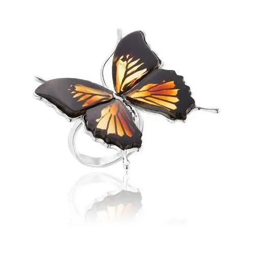 Pierścionek srebrny motyl z bursztynem big butterfly touch Lawaiia