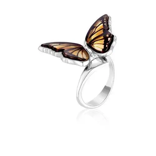 Pierścionek srebrny motyl z bursztynem Butterfly Kiss