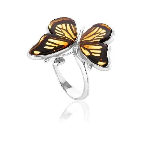 Pierścionek srebrny motyl z bursztynem butterfly monarch Lawaiia