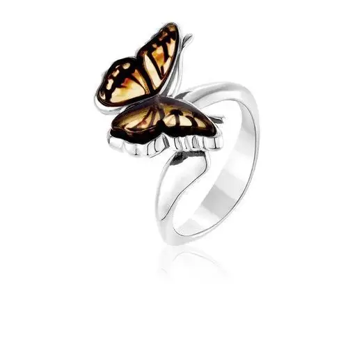 Pierścionek srebrny motyl z bursztynem mini Butterfly Kiss, kolor pomarańczowy