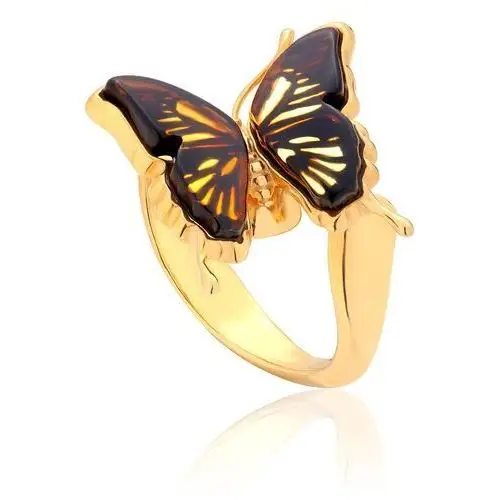 Pierścionek srebrny pozłacany motyl z bursztynem mini butterfly touch Lawaiia