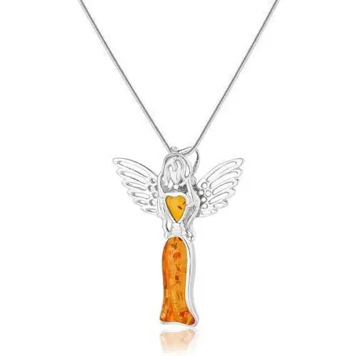 Zawieszka srebrna aniołek z bursztynem - mleczny, kolor pomarańczowy