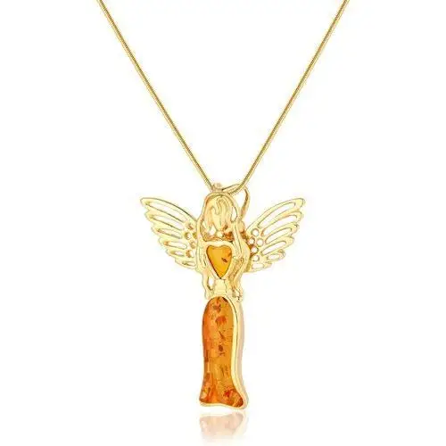 Zawieszka srebrna pozłacana aniołek z bursztynem - koniakowy, kolor pomarańczowy