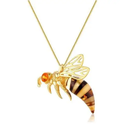 Zawieszka srebrna pozłacana pszczoła z bursztynem Bee, kolor pomarańczowy