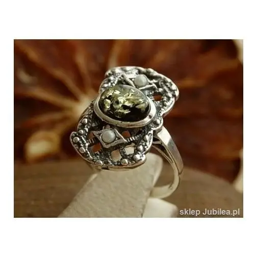 LORENA - srebrny pierścionek z bursztynem i perłam, kolor biały