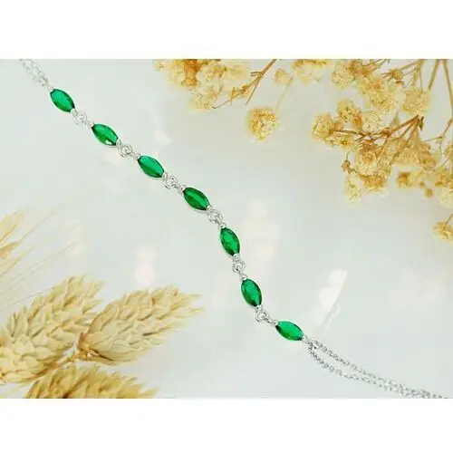 Bransoletka srebrna 925 błyszcząca z zielonymi cyrkoniami 19 cm, kolor zielony 3
