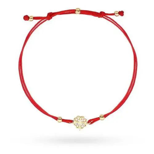 Bransoletka złota koniczynka wysadzana cyrkoniami na czerwonym sznurku