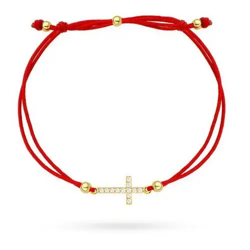 Bransoletka złoty krzyżyk z cyrkoniami na czerwonym sznurku, 2-25-B00734-2