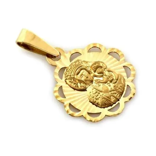 Delikatny złoty medalik dla dziewczynki frezowany wzór w próbie 333 Matka Boska Częstochowska, kolor żółty