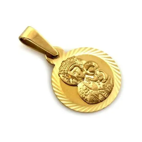 Delikatny złoty medalik okrągły frezowany 333 Matka Boska Częstochowska 8kt prezent, kolor żółty