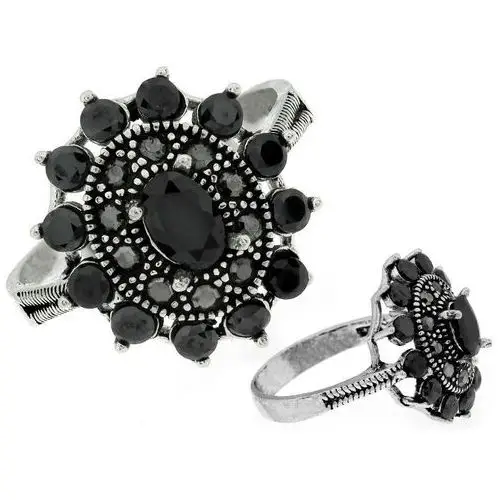 Duży srebrny pierścień oksydowany owalny z czarnymi kamieniami, kolor czarny