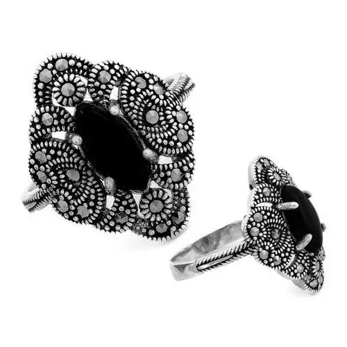 Lovrin Duży srebrny pierścień z markazytami i czarnym kamieniem oksydowany