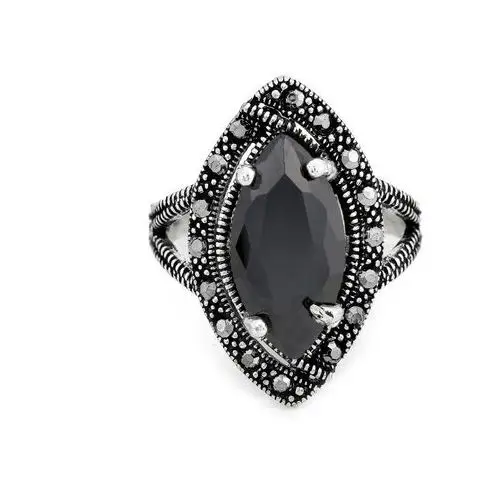 Duży srebrny pierścień z markazytami i czarnym onyksem Lovrin 2