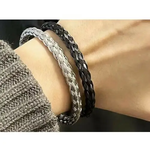 Elegancka czarna bransoletka sztywna pleciona bangle unisex, kolor czarny 2