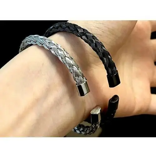 Elegancka czarna bransoletka sztywna pleciona bangle unisex, kolor czarny 3