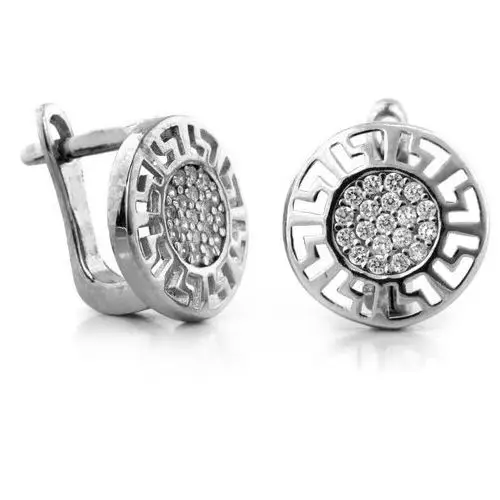 Kolczyki srebrne angielskie okrągłe z wzorem greckim i cyrkoniami Lovrin