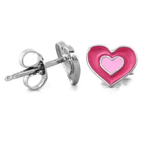 Kolczyki srebrne dla dziewczynki na sztyft różowe emaliowane serce 2
