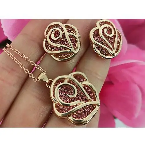 Komplet biżuterii ażurowe róże różowe cyrkonie, kolor różowy 2