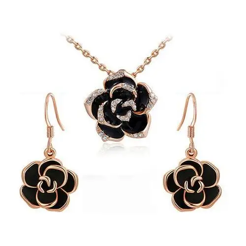 Komplet biżuterii czarne róże emalia z cyrkoniami, kolor różowy