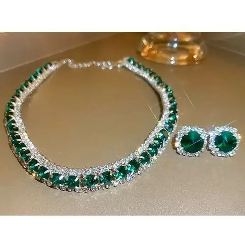 Lovrin Komplet biżuterii damskiej choker z zielonymi cyrkonii i kolczyki na sztyft 2
