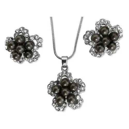 Komplet biżuterii damskiej elegancki motyw kwiatuszków z cyrkoniami ciemne perły Lovrin