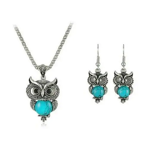 Komplet biżuterii sowy turkusowe kamienie, kolor niebieski
