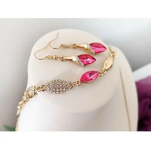 Lovrin Komplet biżuterii z różowymi cyrkoniami łezki kryształowe migdały 4