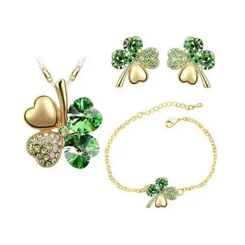 Lovrin Komplet biżuterii zielone koniczynki cyrkonie