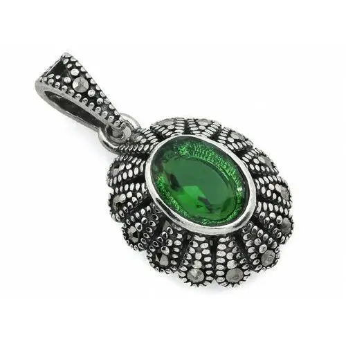 Komplet srebrny z zieloną cyrkonią i markazytami, kolor zielony 2