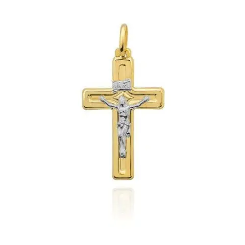 Krzyżyk złoty błyszczący z ukrzyżowanym Jezusem w białym złocie