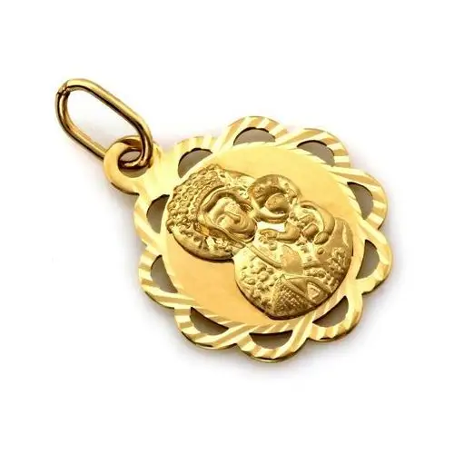 Medalik ze złota próby 585 okrągły kształt z ażurową koronką 14kt Matka Boska Częstochowska