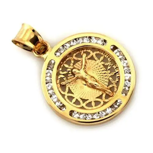 Medalik złoty okrągły 585 z cyrkoniami Jezus Ukrzyżowany na Komunię Św., kolor żółty