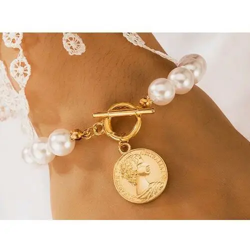 Modna bransoletka z dużą antyczną monetą białe kuleczki perełki na prezent 3