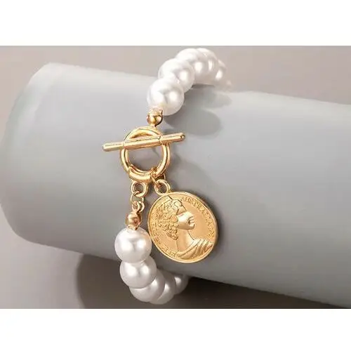 Modna bransoletka z dużą antyczną monetą białe kuleczki perełki na prezent 2