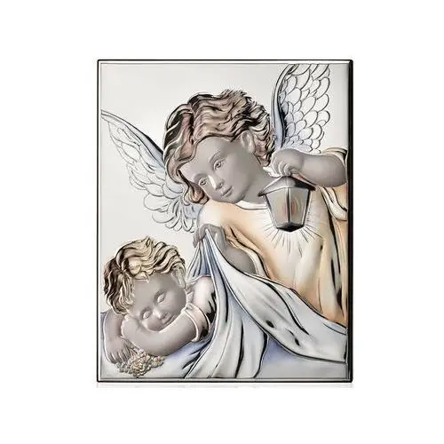 Obrazek srebrny z barwionym aniołem 6x7cm chrzest Lovrin