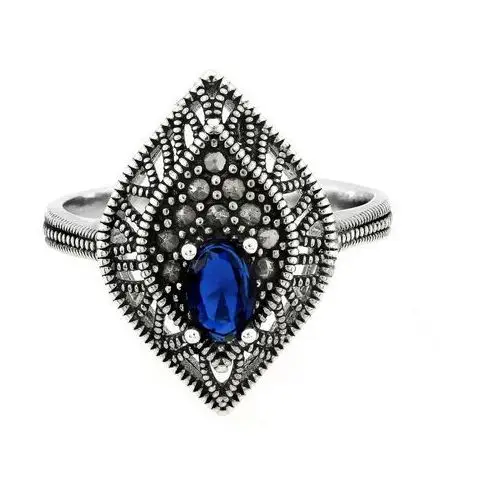 Pierścionek srebrny duży oksydowany z markazytami i niebieskim oczkiem, kolor niebieski 2