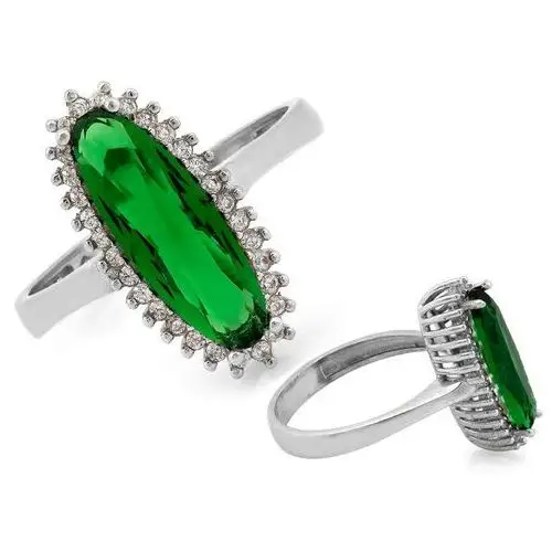 Pierścionek srebrny owalna markiza z dużym zielonym kamieniem, kolor zielony