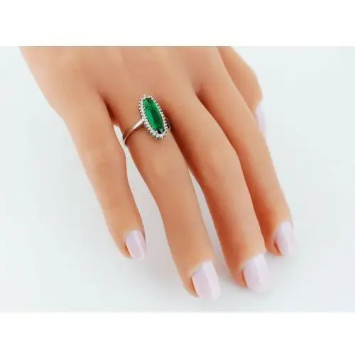 Pierścionek srebrny owalna markiza z dużym zielonym kamieniem, kolor zielony 4